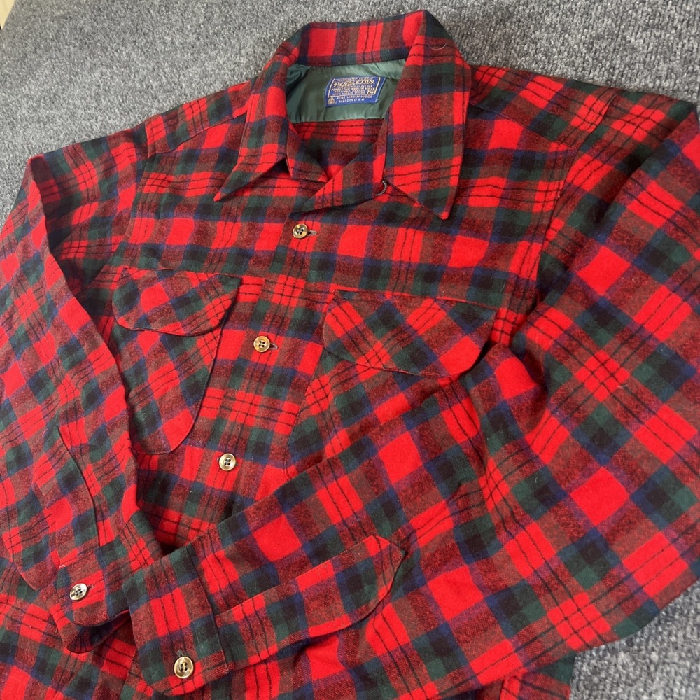 Vintage Pendleton Board Shirt Men M 1960s 60s Wool Loop Collar Red Flannel